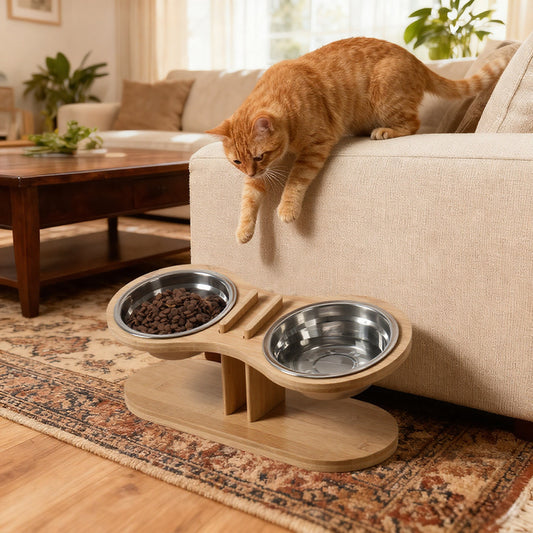 Adjustable & Tilted Bamboo Pet Feeding Station