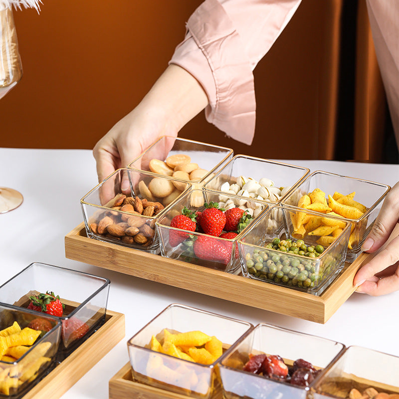 Bamboo Divided Serving Tray with Glass Bowls – Modular Snack & Appetizer Organizer