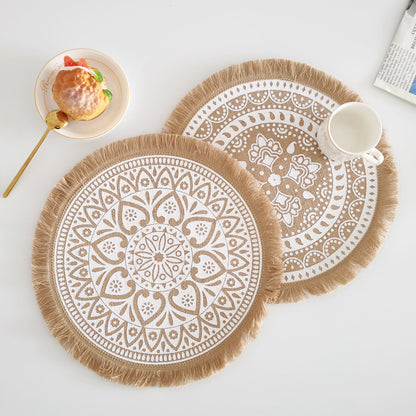 Boho Round Jute Fringe Placemats – Natural Woven Table Decor