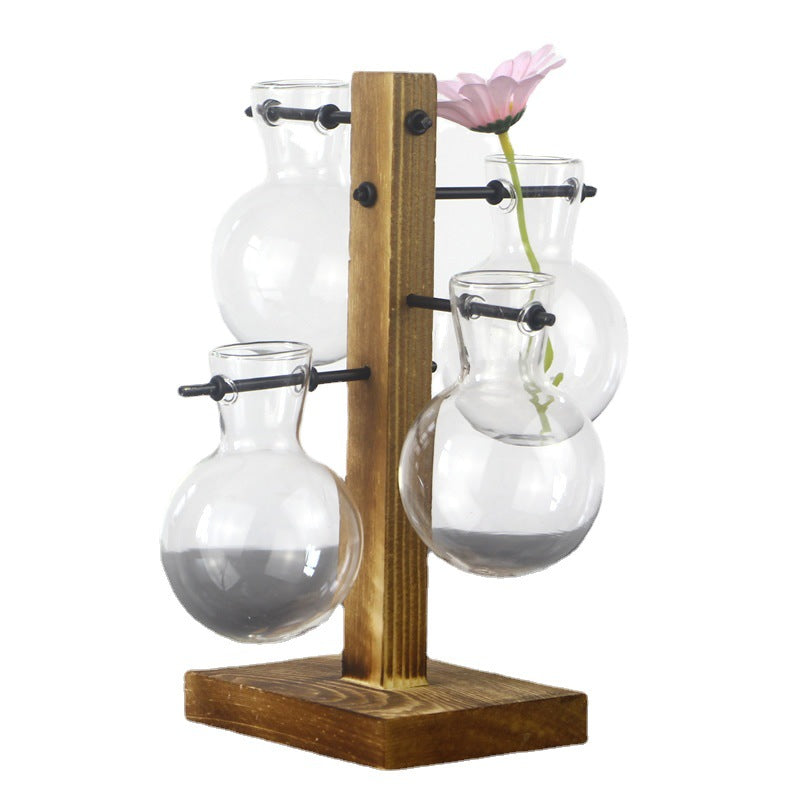 Wooden Frame Glass Propagation Vase – 4 Globe Tabletop Planter