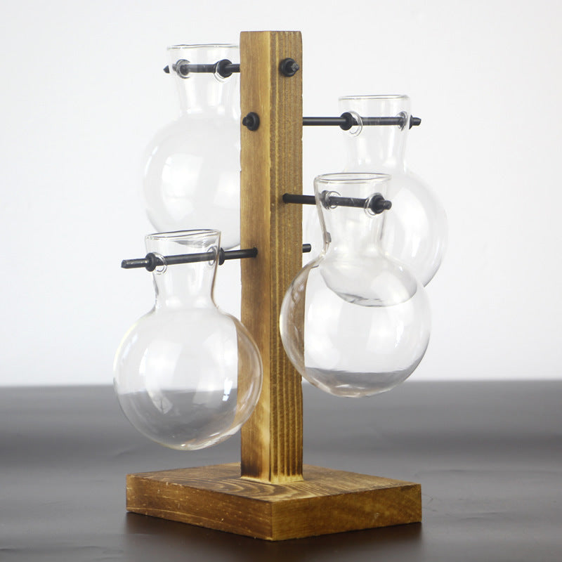 Wooden Frame Glass Propagation Vase – 4 Globe Tabletop Planter