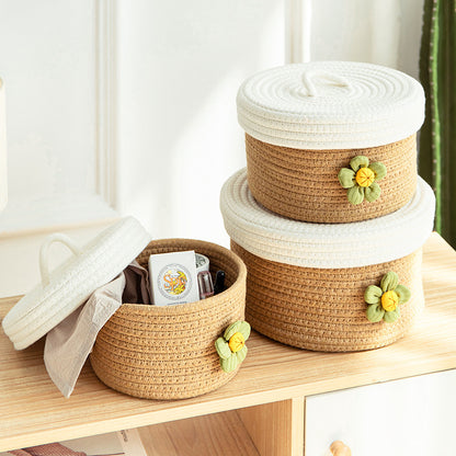 Cotton Rope Desktop Storage Basket with Lid – Woven Organizer with Dust-Proof Cover