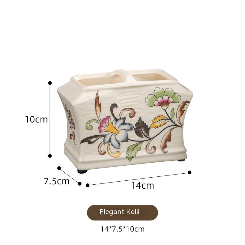 Floral Ceramic Toothbrush Holder – Minimalist Bathroom Organizer & Vanity Storage