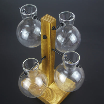 Wooden Frame Glass Propagation Vase – 4 Globe Tabletop Planter